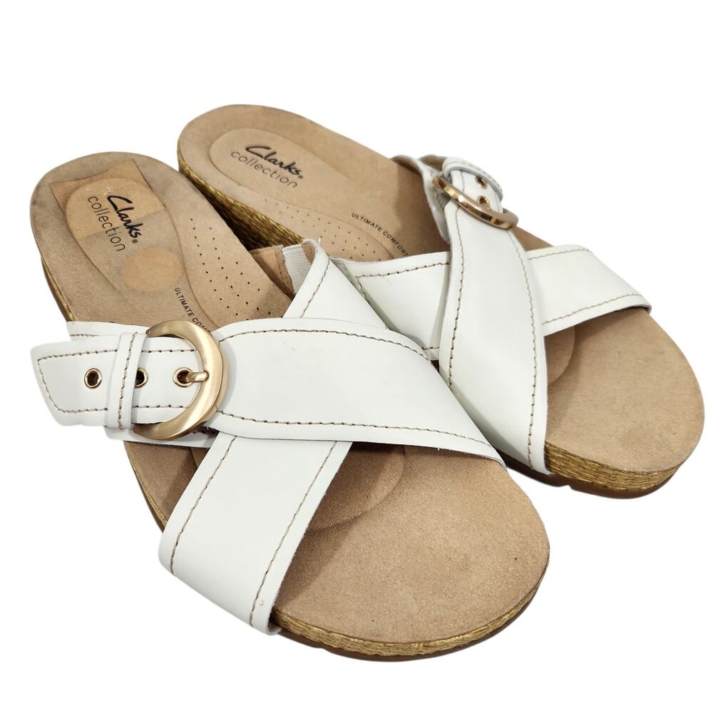 Clarks White Leather Cross Strap Slide Sandals with Gold Buckle